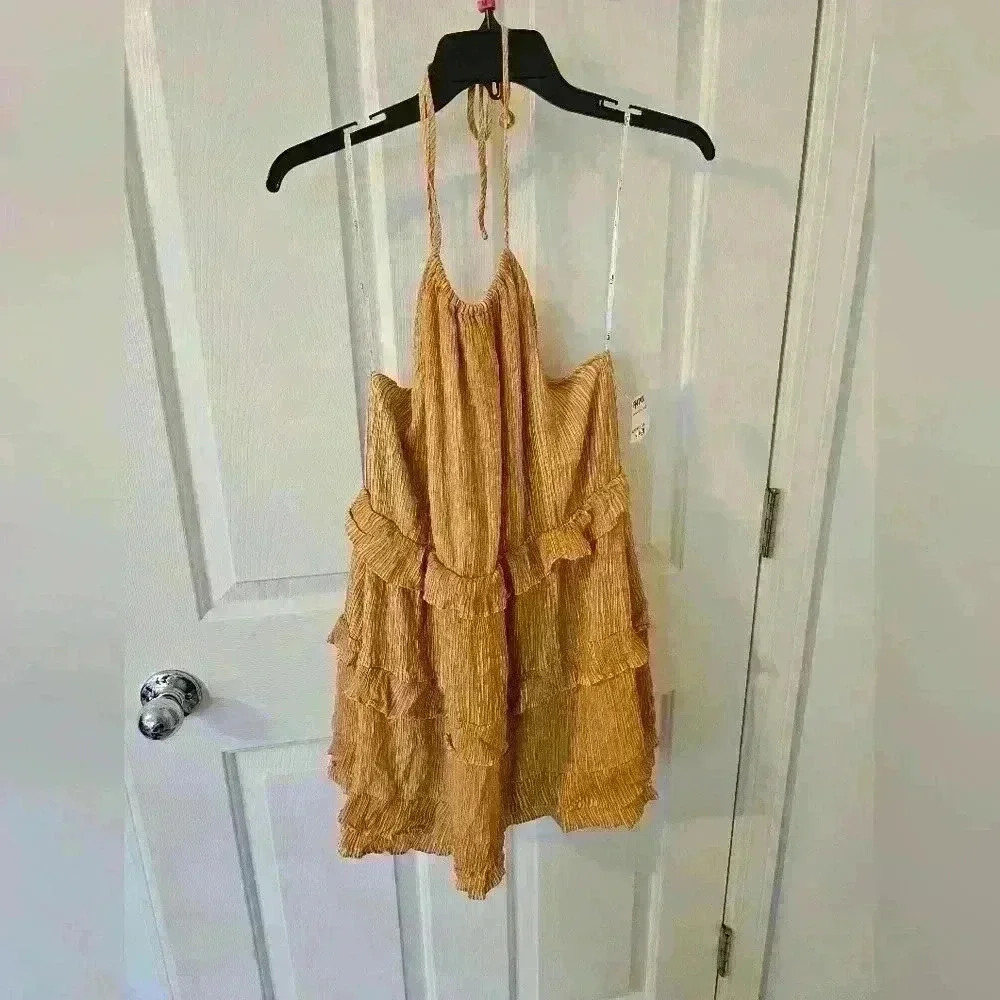 Lulus NWT Downright Darling Mustard Yellow Ruffled Halter Mini Dress Size XL